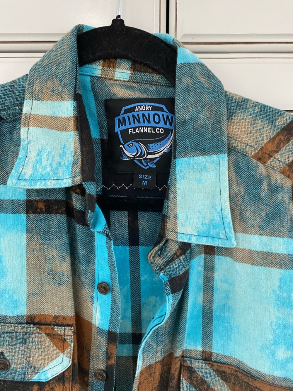 Plaid Button-Down Shirt Jacket in Turquoise & Brown with Graphic Back - Picture 3 of 4